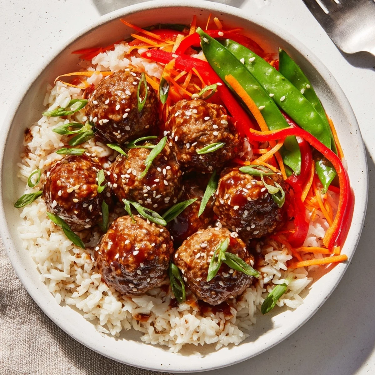 Plated Hello Fresh Firecracker Meatballs with crisp sauteed vegetables and sesame garnish