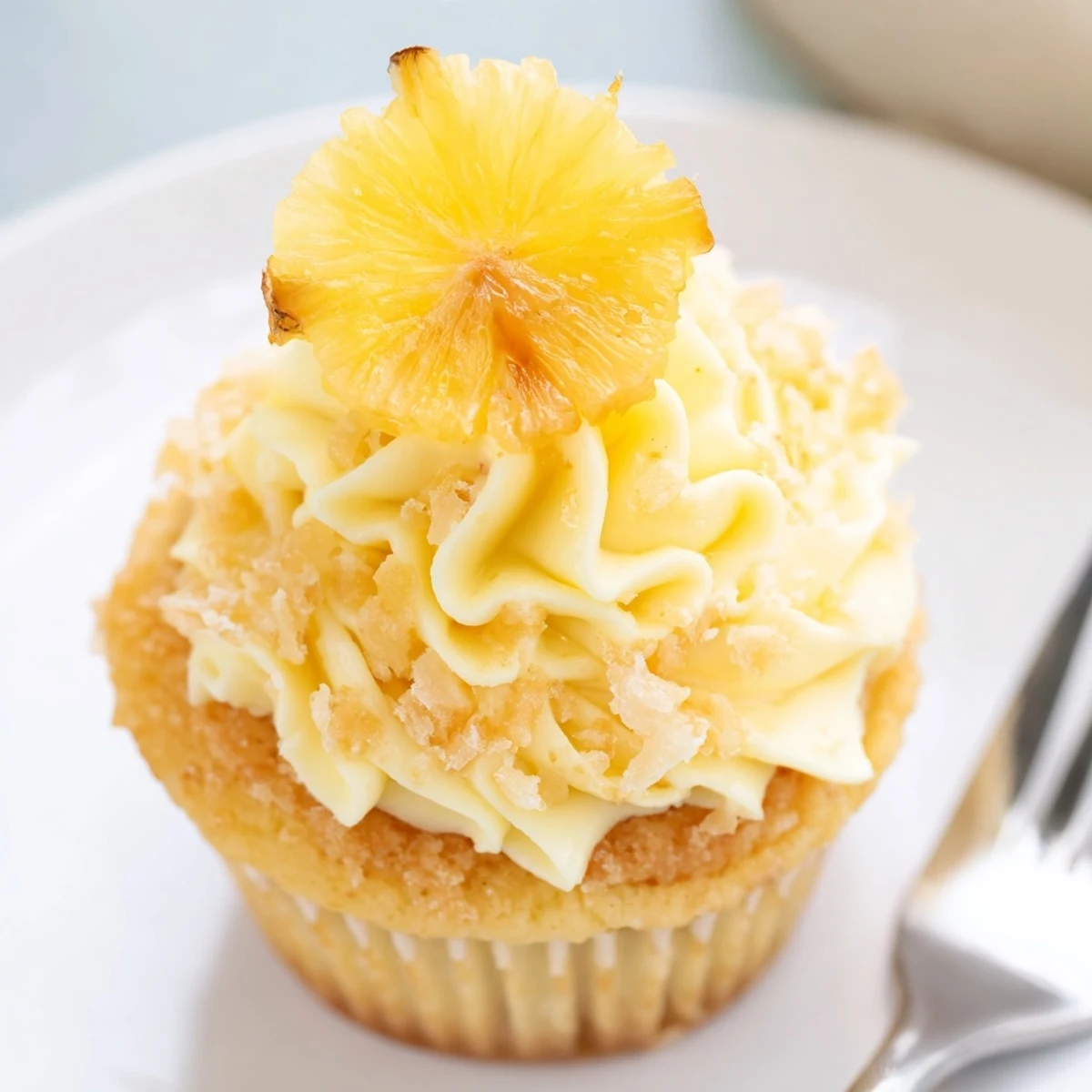 Easy Dole Whip Cupcakes Recipe photographed with piped pineapple frosting and dried pineapple wedge