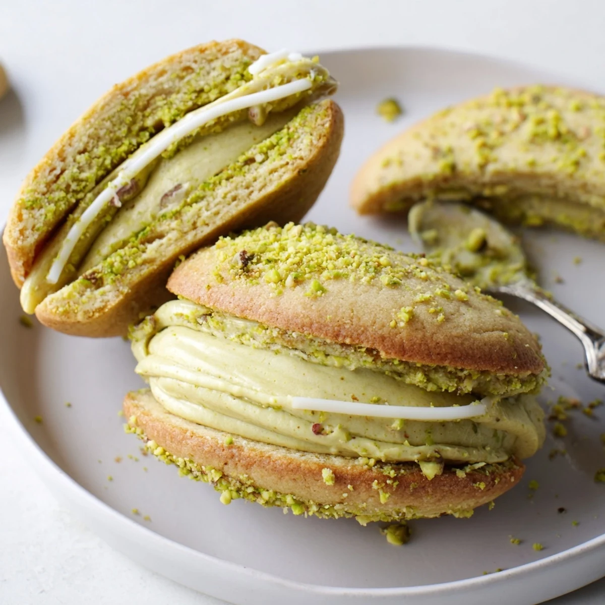 Pistachio Cream Cookies Recipe displayed on a wire rack, creamy filling visible