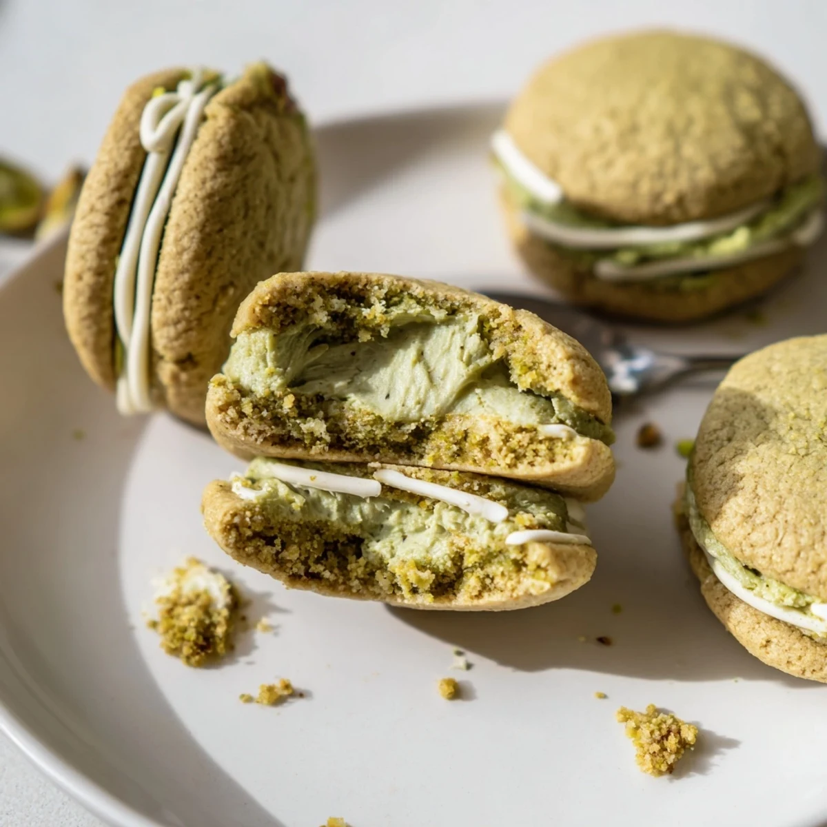 Close-up of Pistachio Cream Cookies Recipe with buttery edges and chopped pistachios