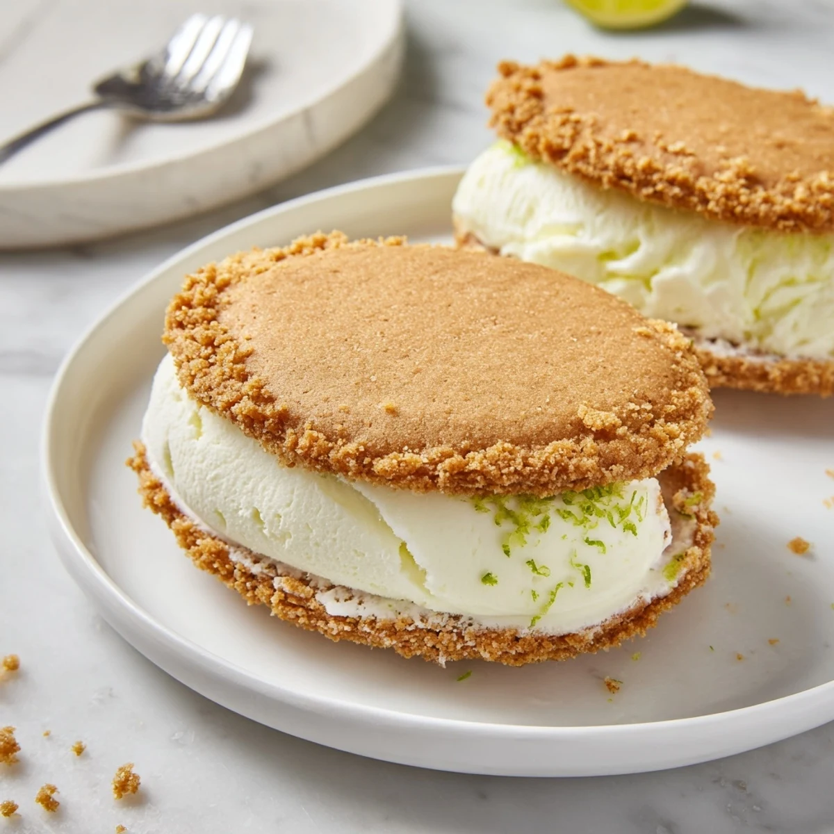 Stacked Key Lime Pie Ice Cream Sandwiches on parchment, zesty aroma, creamy texture.