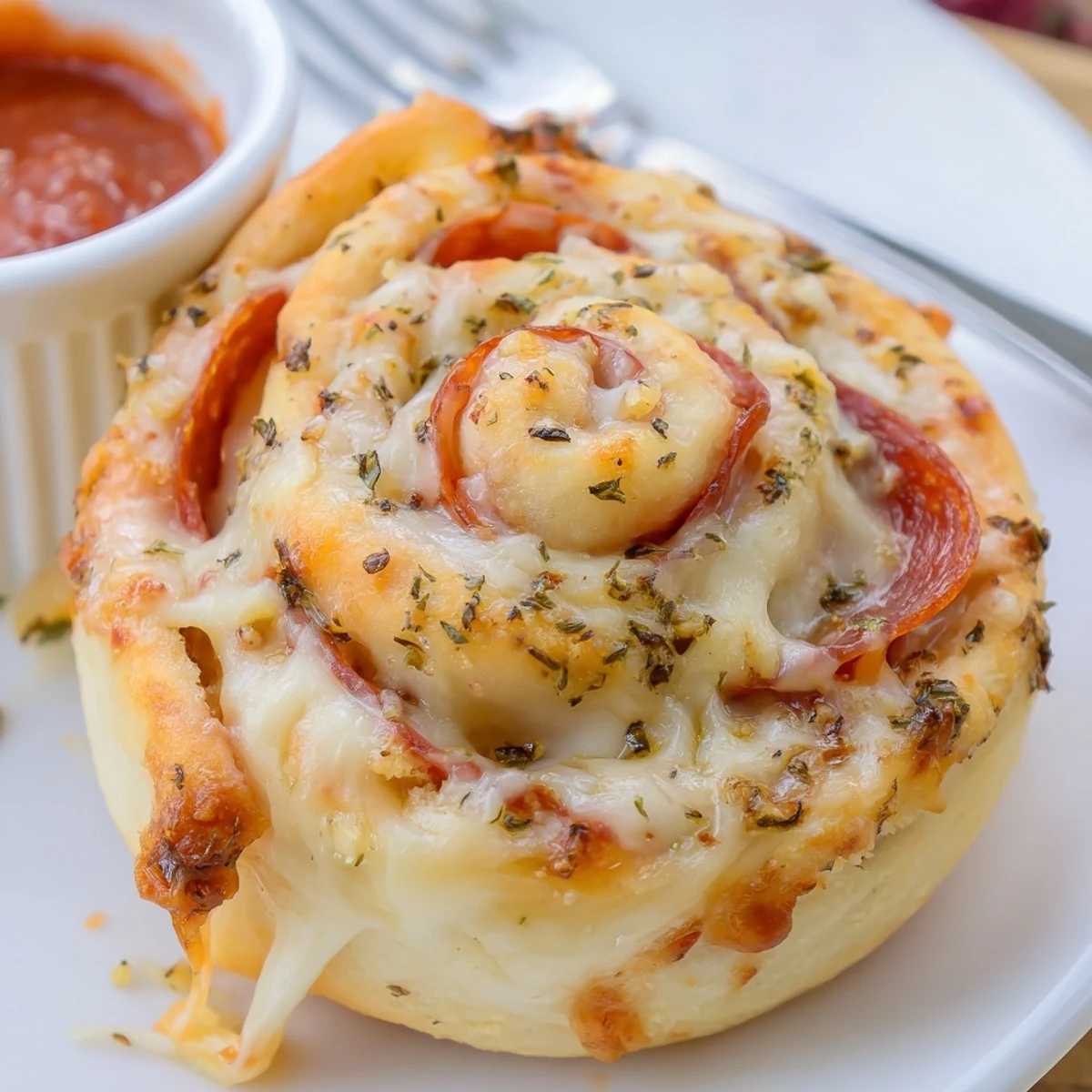 Warm Pepperoni Pizza Roll Breadsticks served with marinara for dipping, buttery aroma