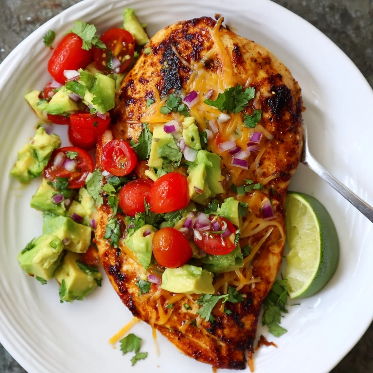 Pan-seared Fiesta Lime Chicken With Avocado topped with melted cheese and salsa