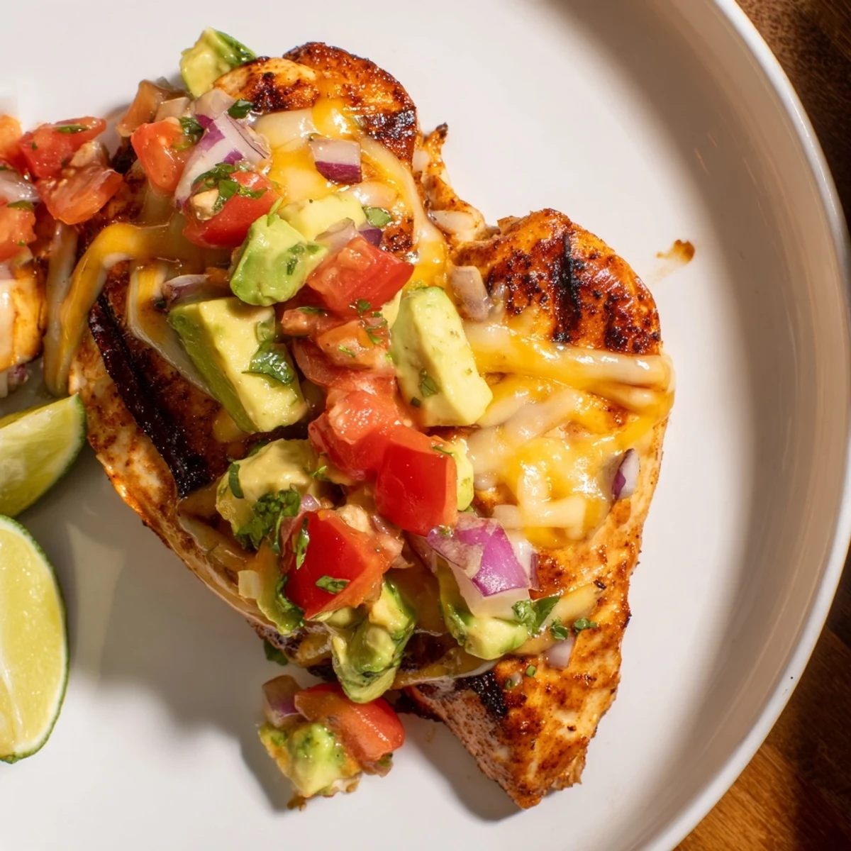 Weeknight Fiesta Lime Chicken With Avocado served over warm Mexican rice and cilantro