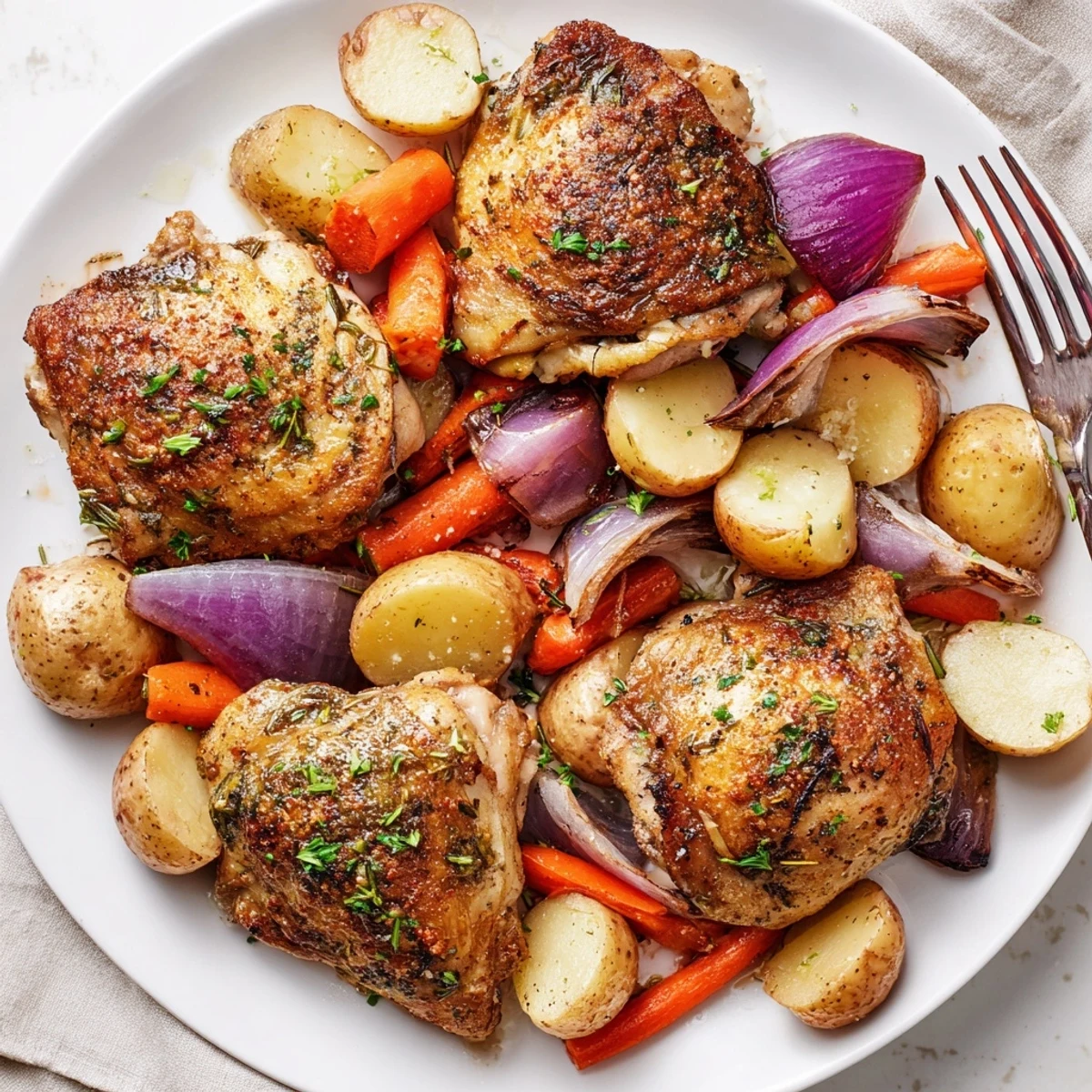 Golden skin and herbed veggies on Sheet Pan Chicken And Potatoes, roasted.