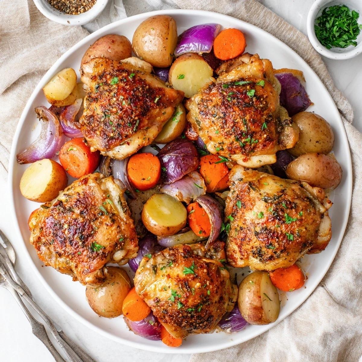 Crispy chicken thighs resting atop caramelized potatoes in Sheet Pan Chicken And Potatoes.