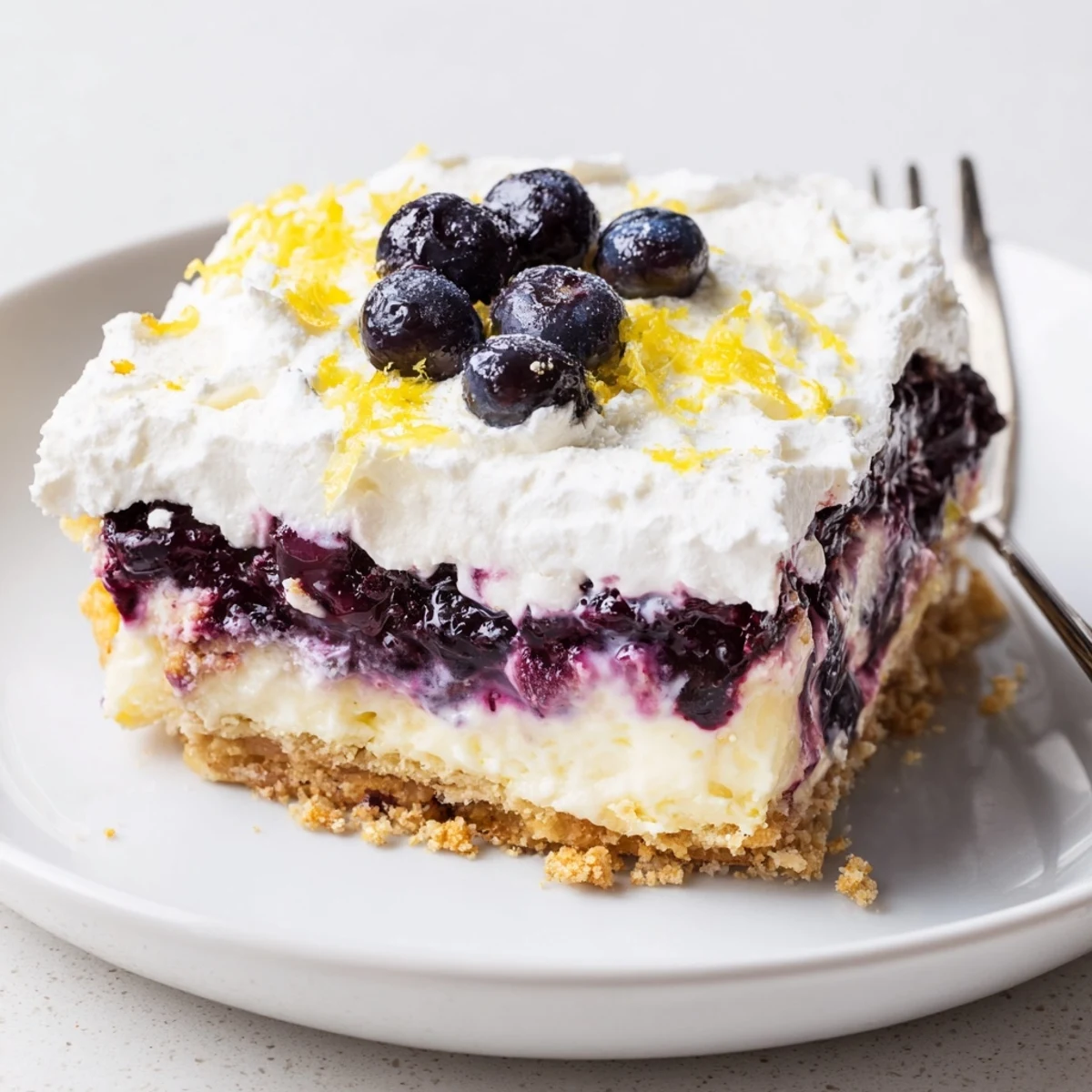 Slices of Lemon Blueberry Lasagna Recipe on plate, chilled, bright citrus aroma