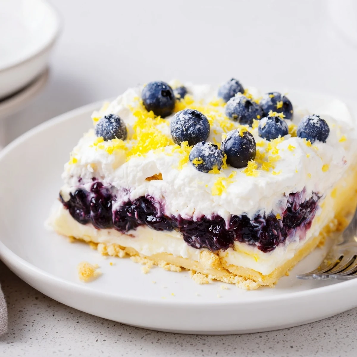 Lemon Blueberry Lasagna Recipe: layered creamy lemon, glossy blueberry compote, buttery crust