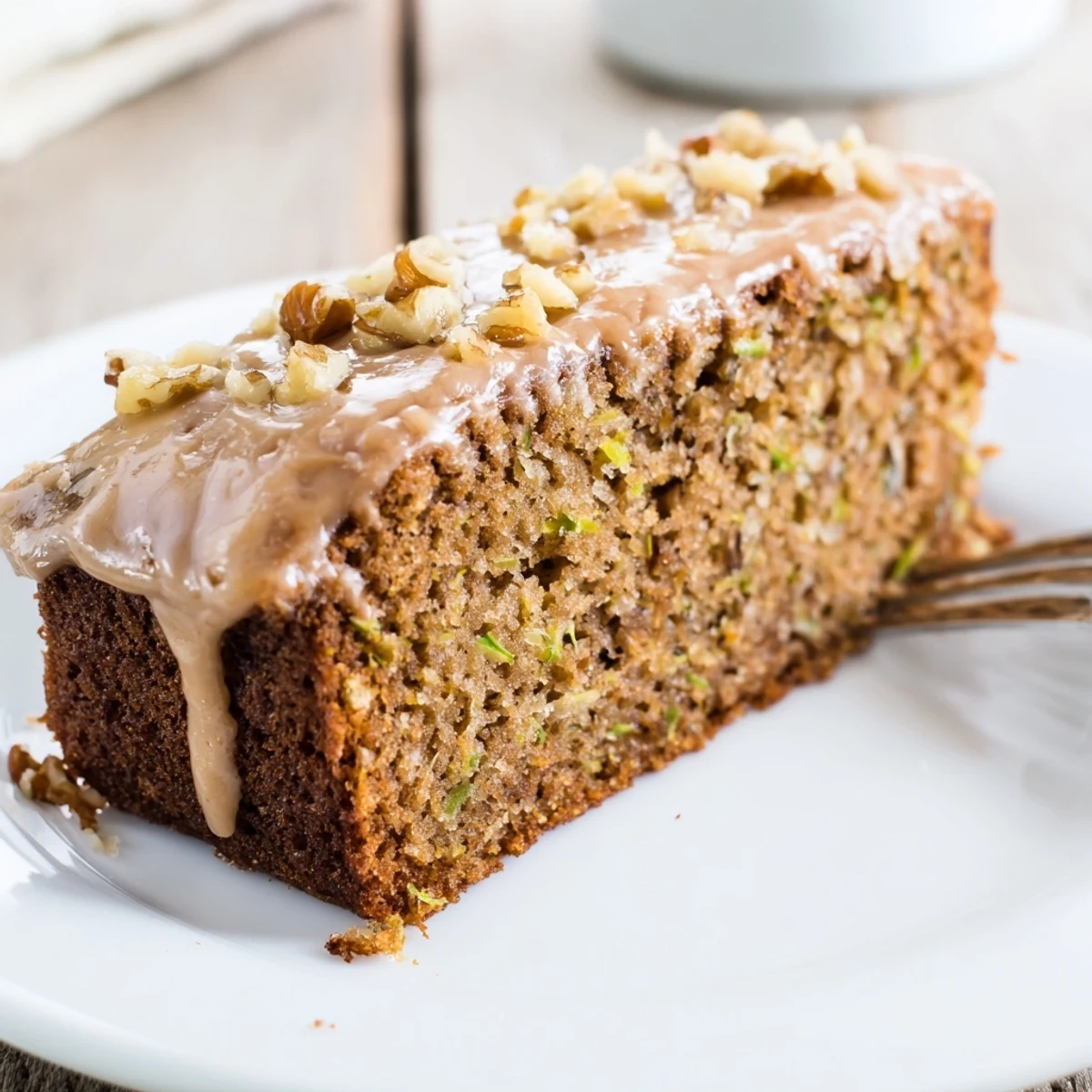 Zucchini Cake With Brown Sugar Icing resting on a wire rack, glossy, warm