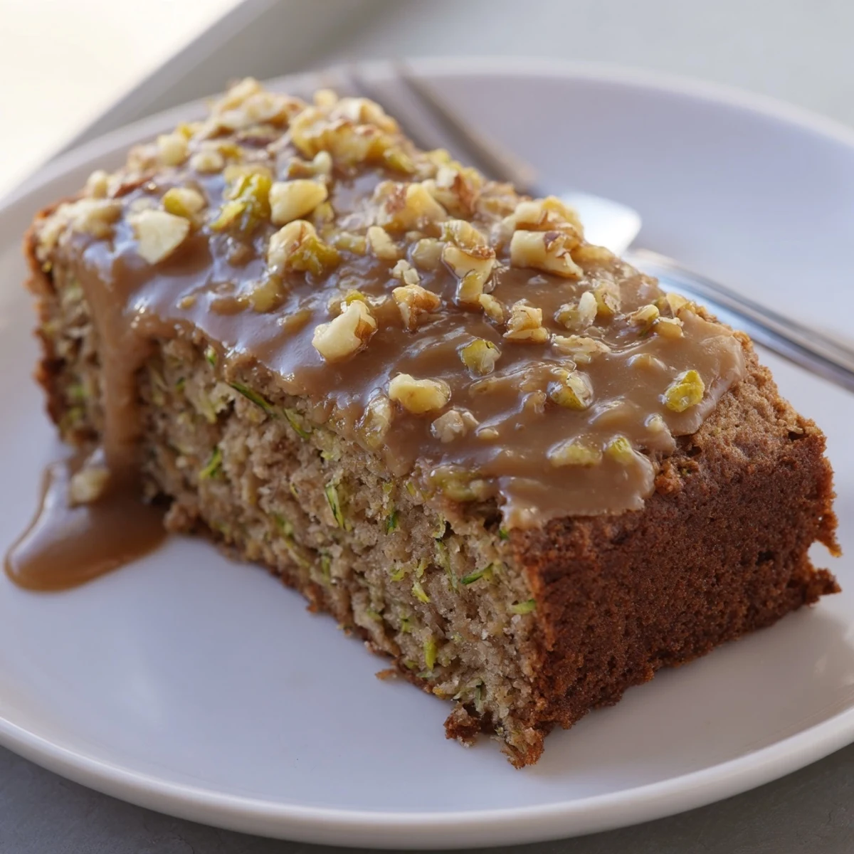 Moist, tender Zucchini Cake With Brown Sugar Icing garnished with chopped walnuts