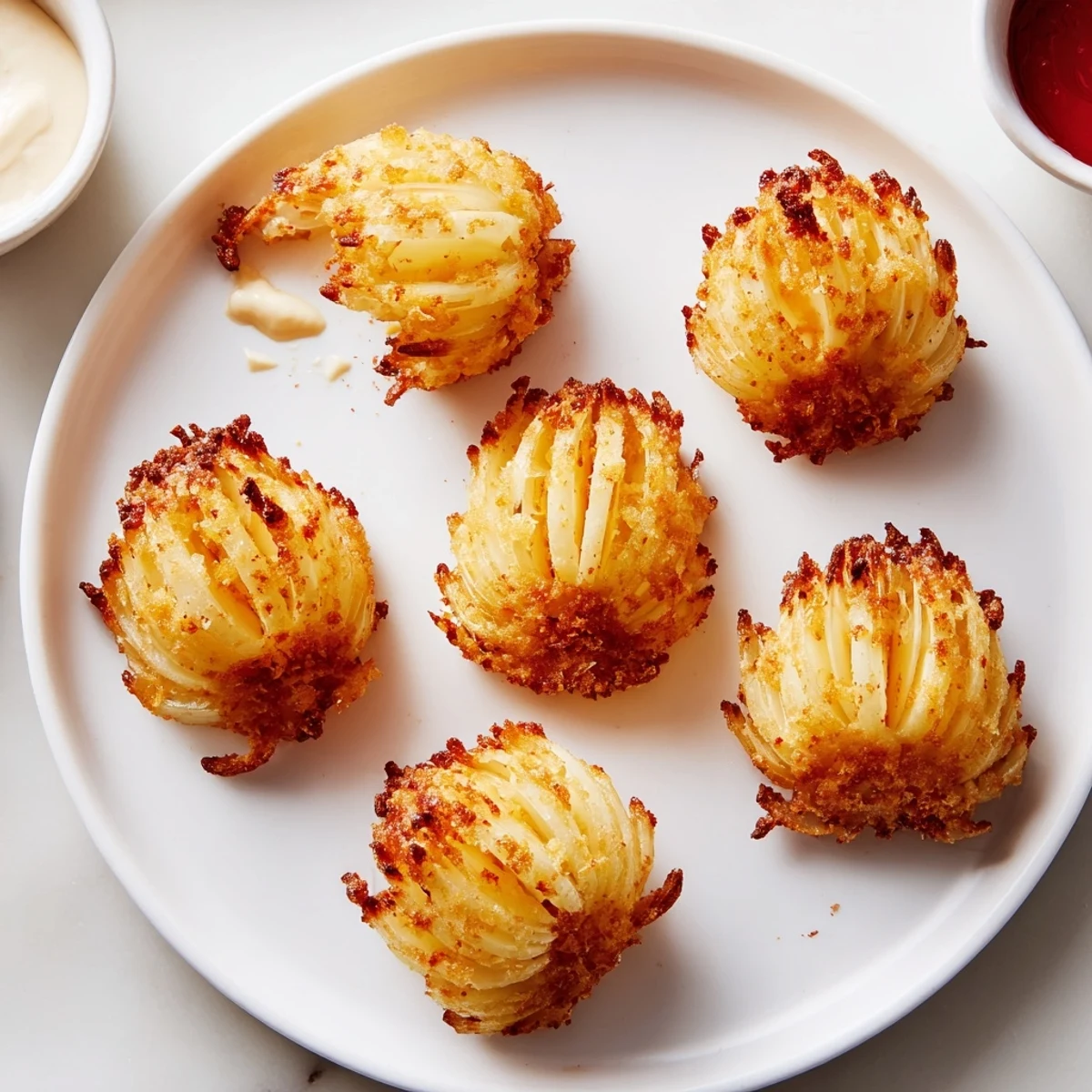 Crispy Mini Bloomin Onions Recipe shown golden, crunchy petals served with dipping sauce.