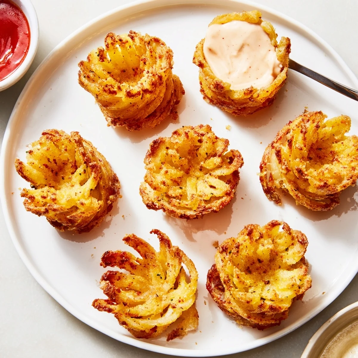 Homemade Crispy Mini Bloomin Onions Recipe paired with smoky horseradish sauce, steaming.