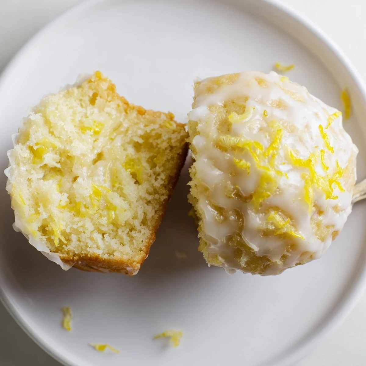 A close-up of Glazed Lemon Ginger Muffins, tender crumb and glossy topping