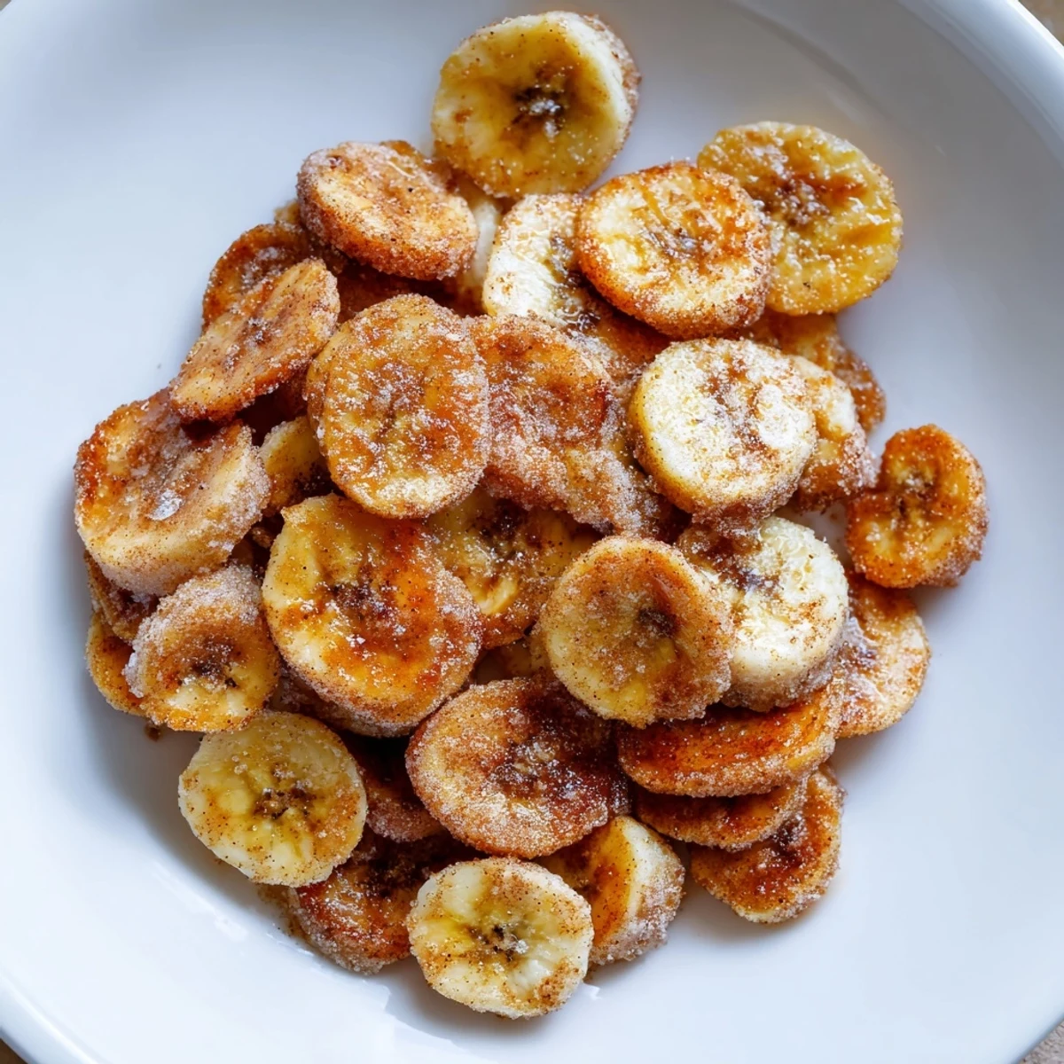 Warm, golden Crispy Cinnamon Sugar Air Fryer Banana Chips in a bowl.