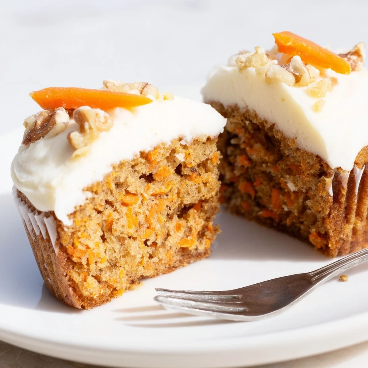 Moist Carrot Cake Cupcakes topped with creamy frosting, spiced aroma wafting.