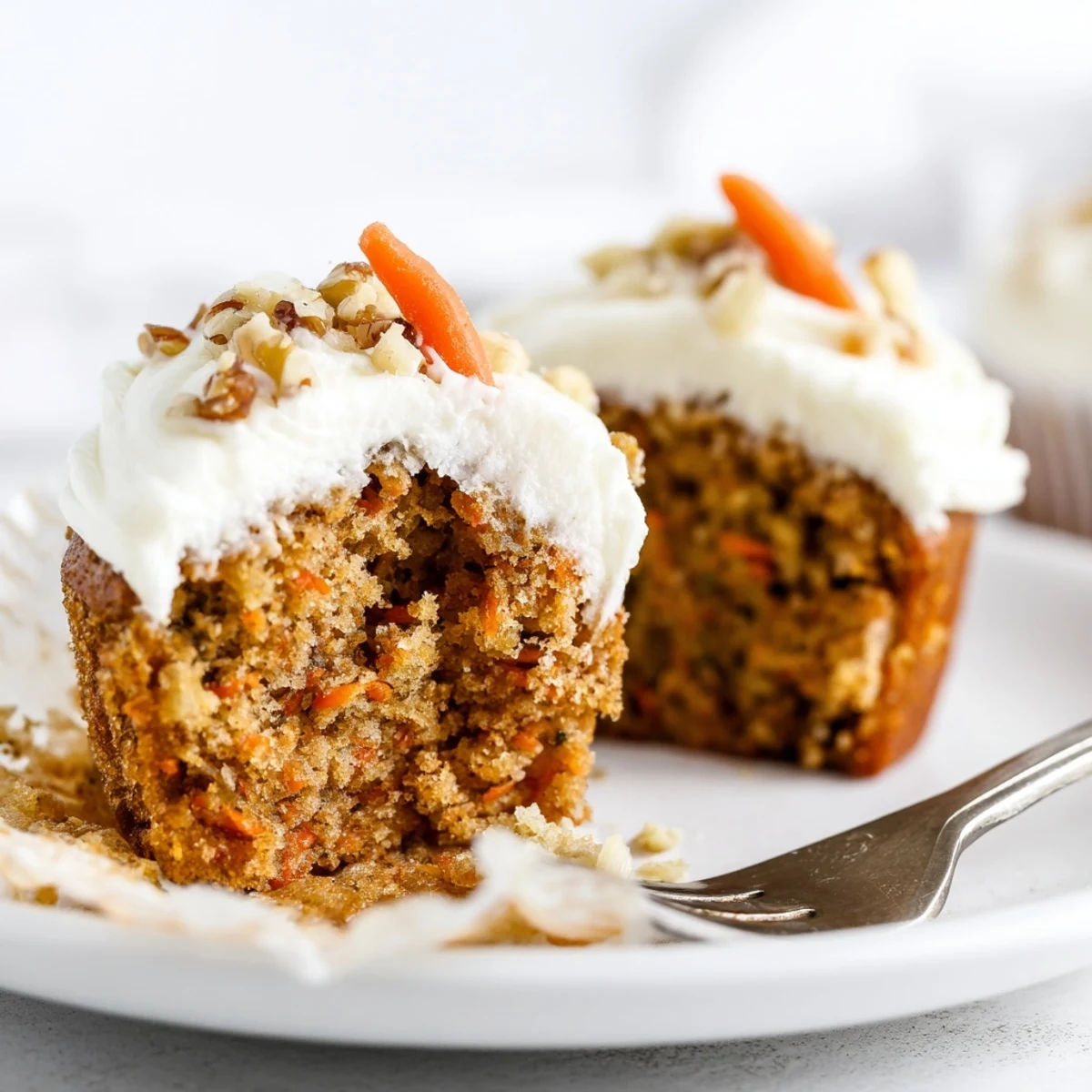 Muffin pan filled with Moist Carrot Cake Cupcakes, cinnamon scent rising.