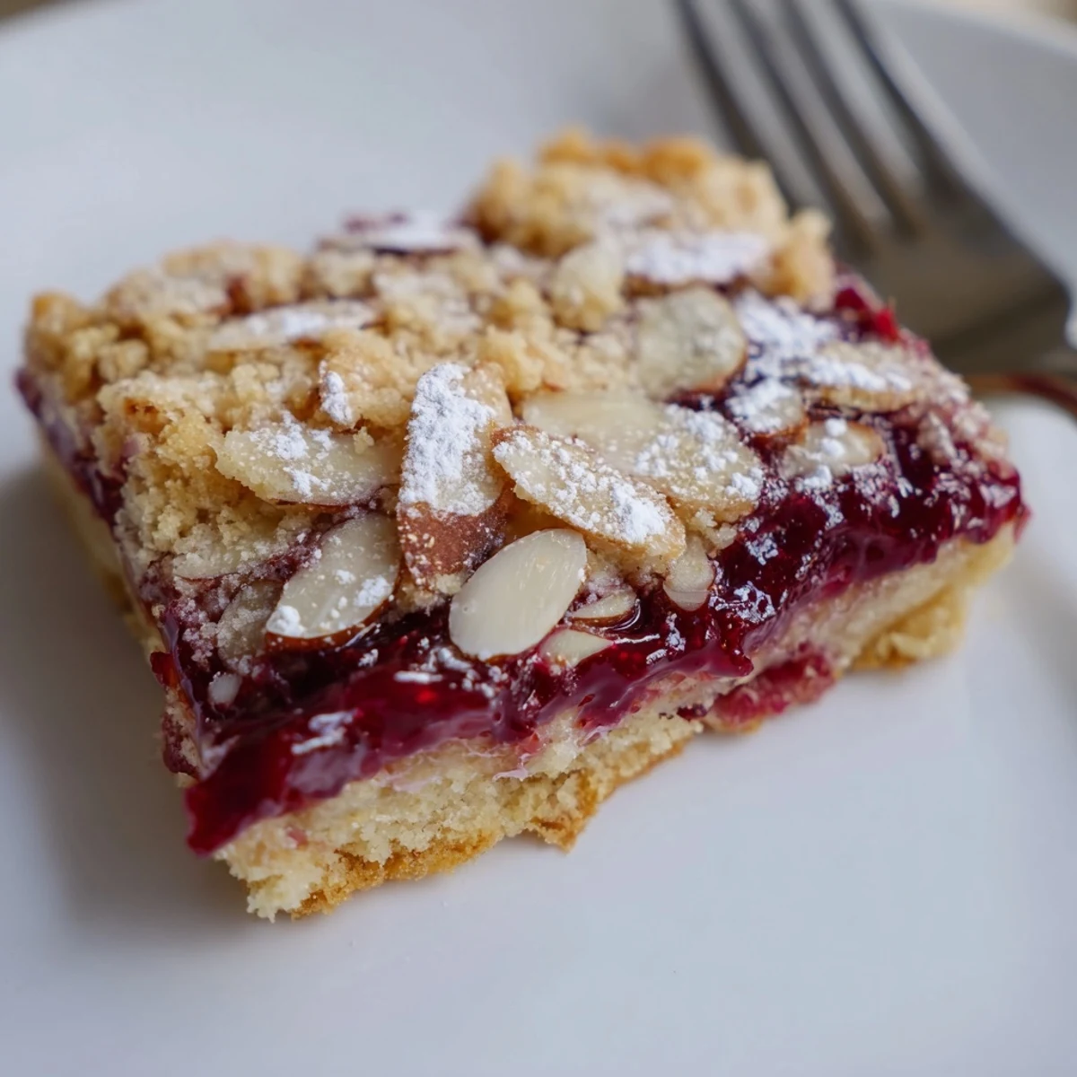Sliced Raspberry Almond Bars served with vanilla ice cream and toasted almonds