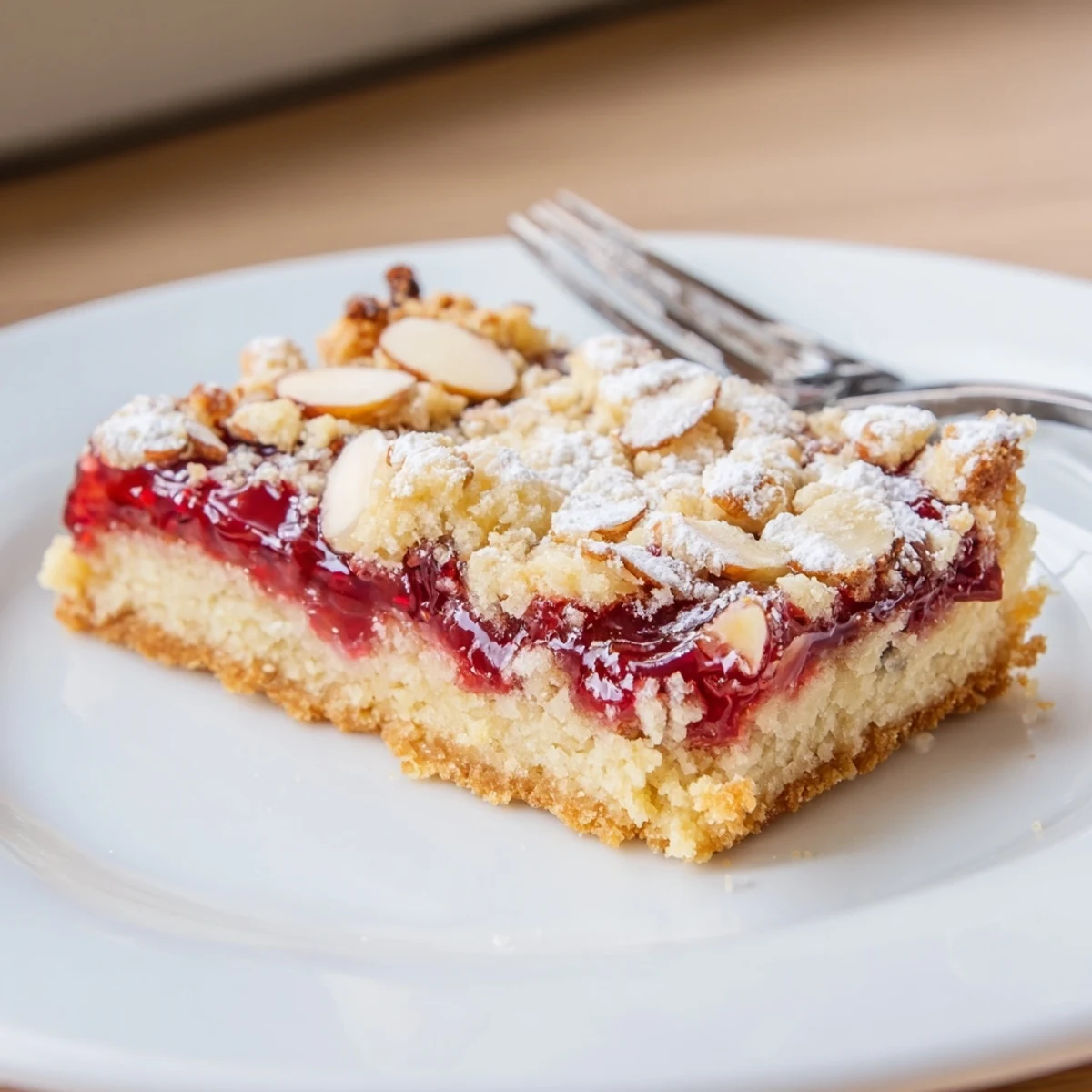Warm Raspberry Almond Bars fresh from oven, buttery base and nutty topping