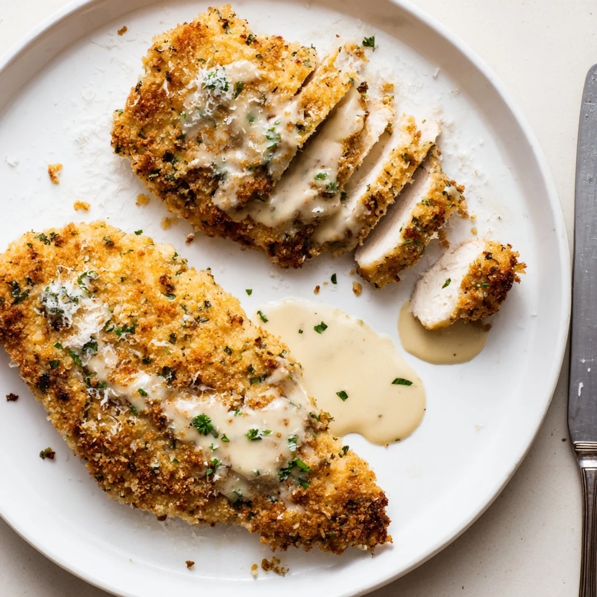 Plated Lemon Pecorino Crusted Chicken With Creamy Lemon Sauce, parsley garnish and steaming