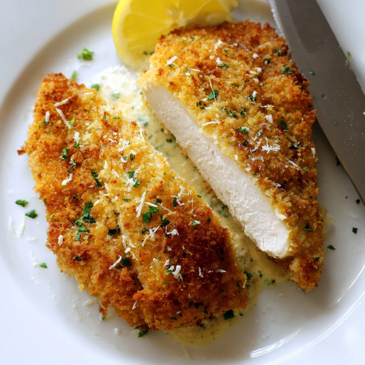 Skillet seared, juicy Lemon Pecorino Crusted Chicken With Creamy Lemon Sauce over pasta