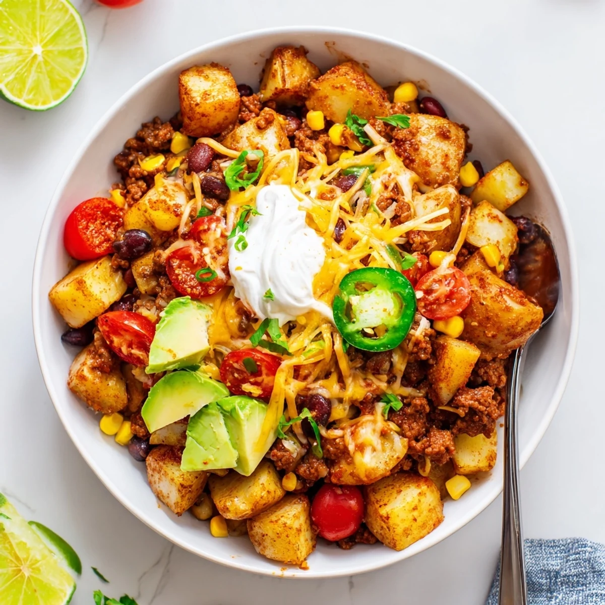Hearty Loaded Potato Taco Bowl topped with bright tomatoes, cilantro, lime.