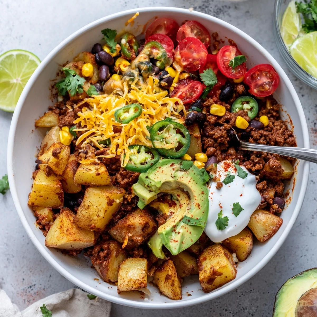 Loaded Potato Taco Bowl with crispy roasted potatoes, melty cheese, avocado.