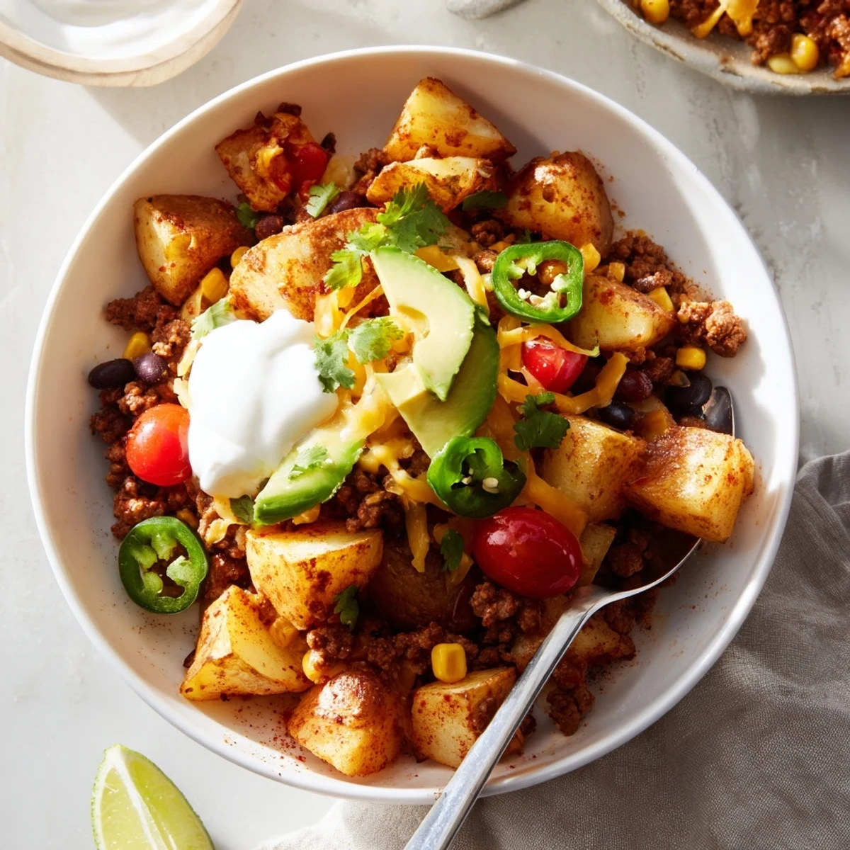 Dinner ready Loaded Potato Taco Bowl layered with smoky beef, corn, jalapeños.