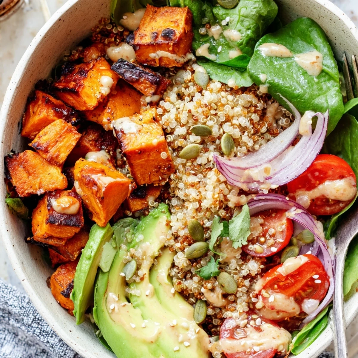 Caramelized sweet potato cubes and fluffy quinoa in Roasted Sweet Potato Quinoa Salad Bowl
