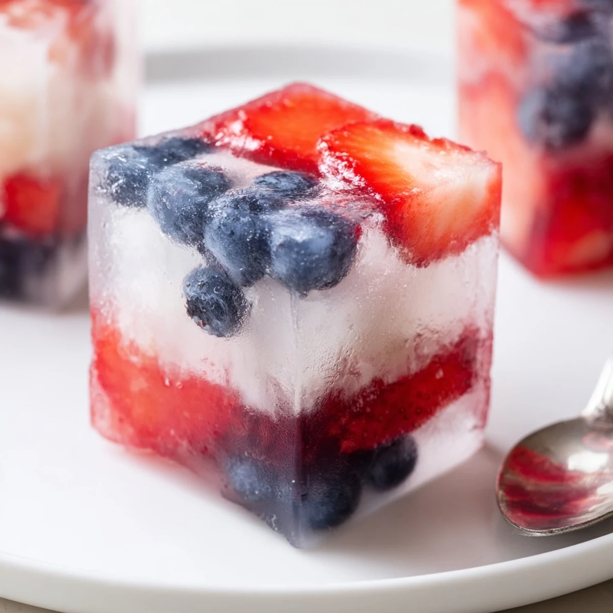 Red White And Blue Ice Cubes Recipe with frosty blueberries, creamy coconut, chopped strawberries