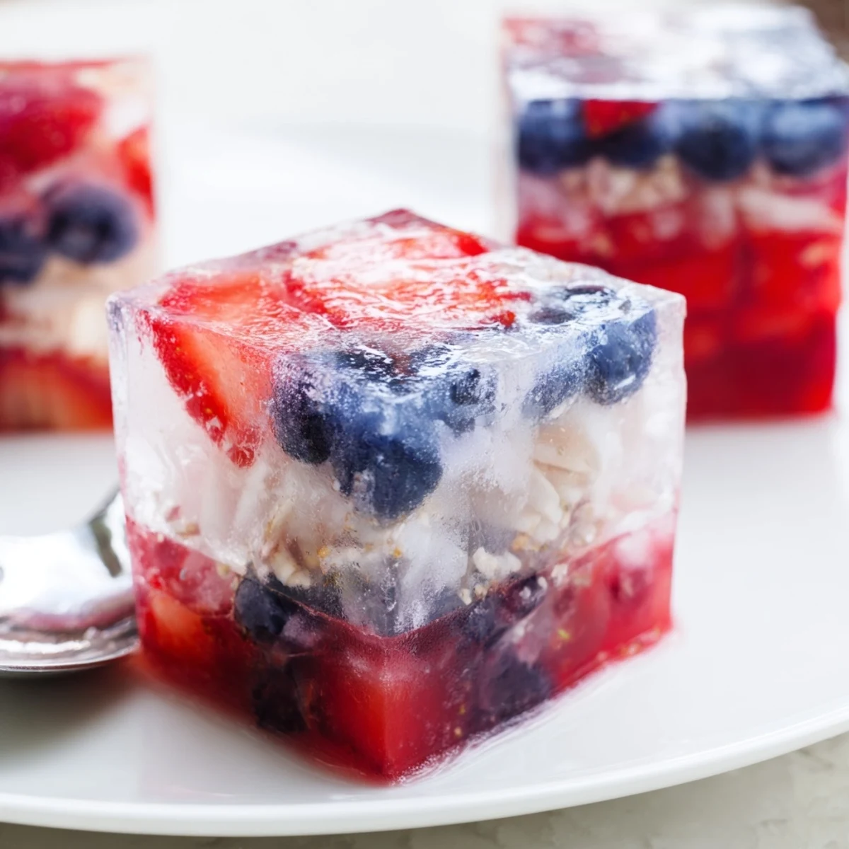 Layered berries and coconut in tray for Red White And Blue Ice Cubes Recipe