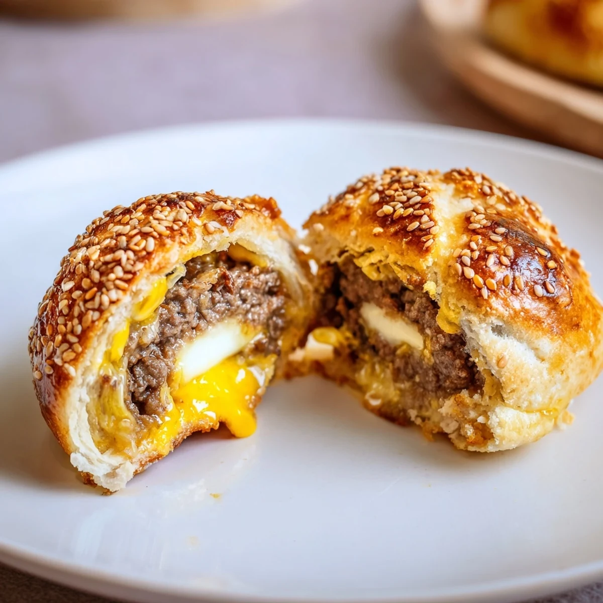 Golden biscuit-wrapped Cheesy Cheeseburger Bombs Explosion Recipe steaming, oozing cheddar, served with ketchup
