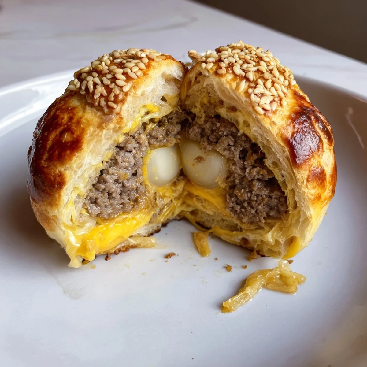 Family-friendly Cheesy Cheeseburger Bombs Explosion Recipe cooling slightly, mozzarella and beef oozing