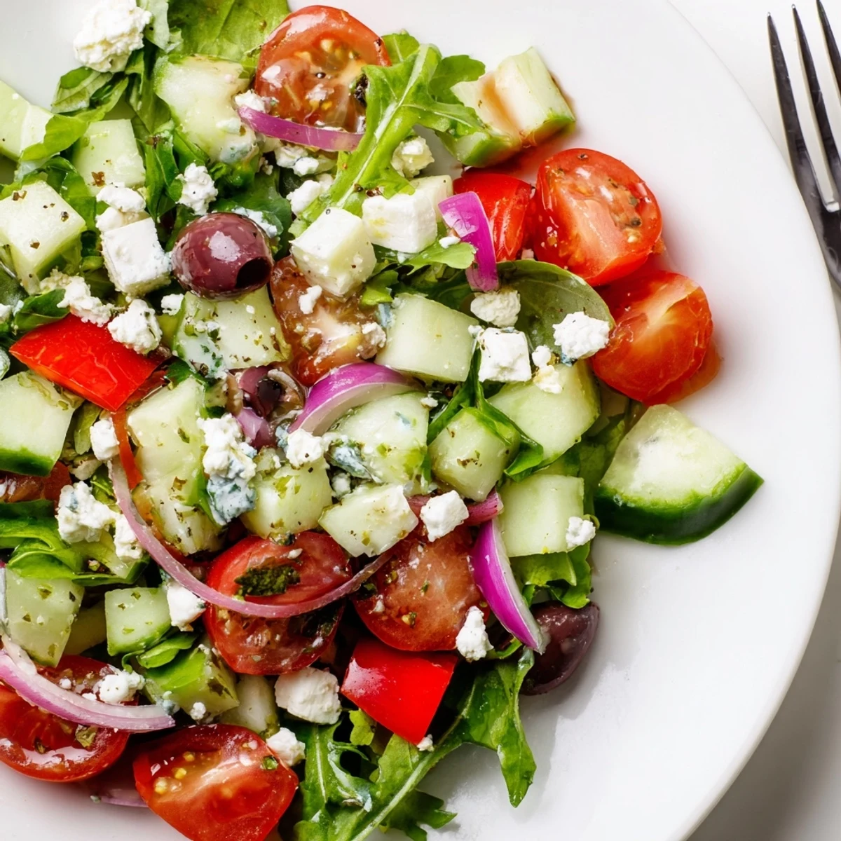 Fresh Salad Recipe with crunchy cucumber, sweet cherry tomatoes, bright lemon dressing.