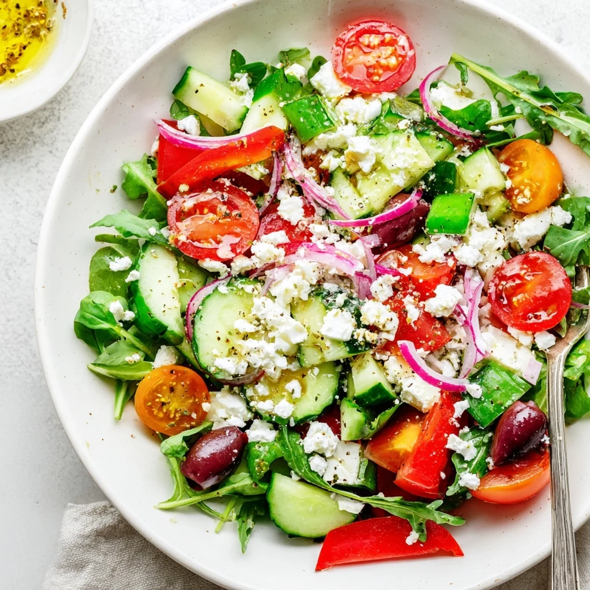 Colorful Fresh Salad Recipe featuring arugula, feta crumbles, tangy Dijon honey vinaigrette.