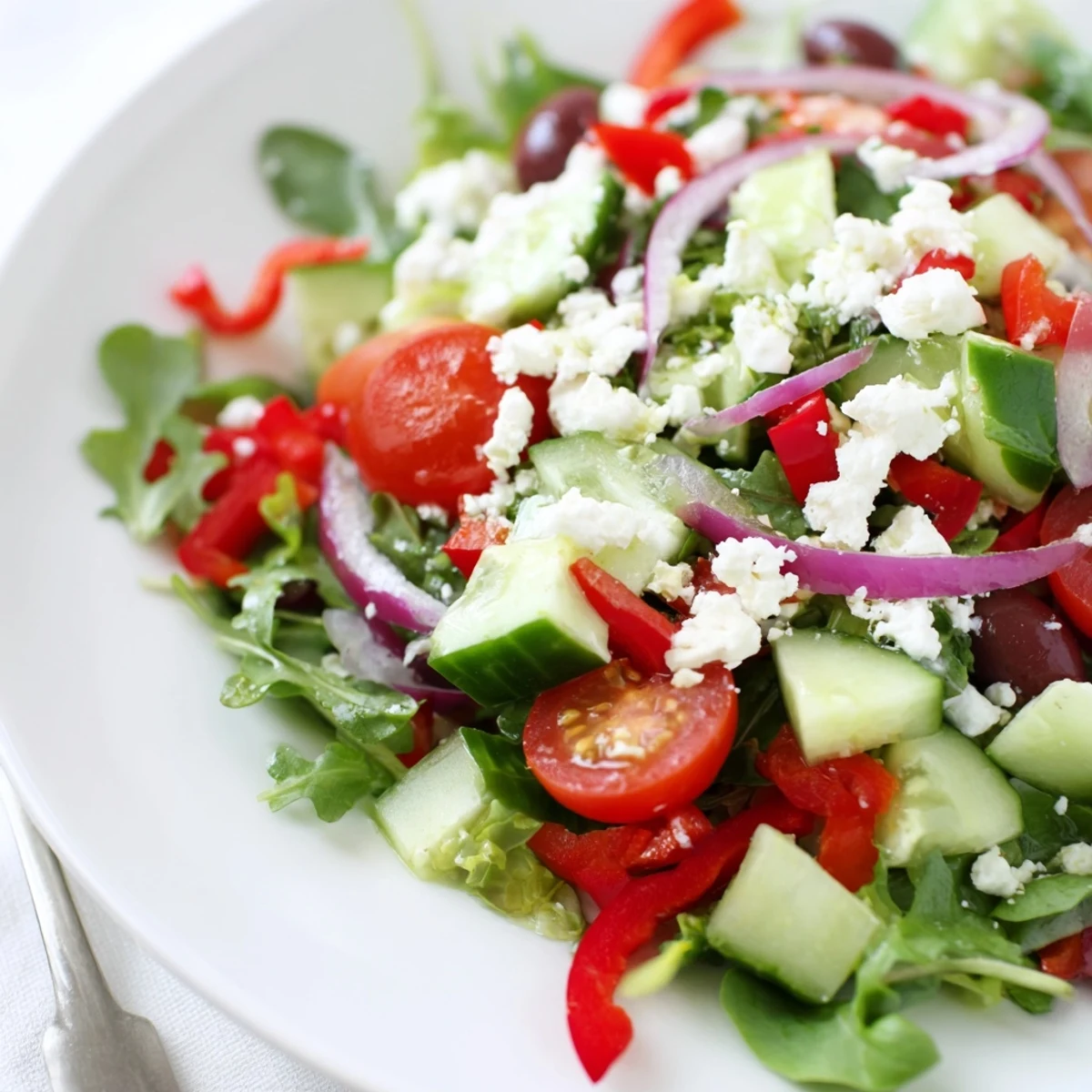 Easy Fresh Salad Recipe tossed in olive oil and lemon, ready to serve.