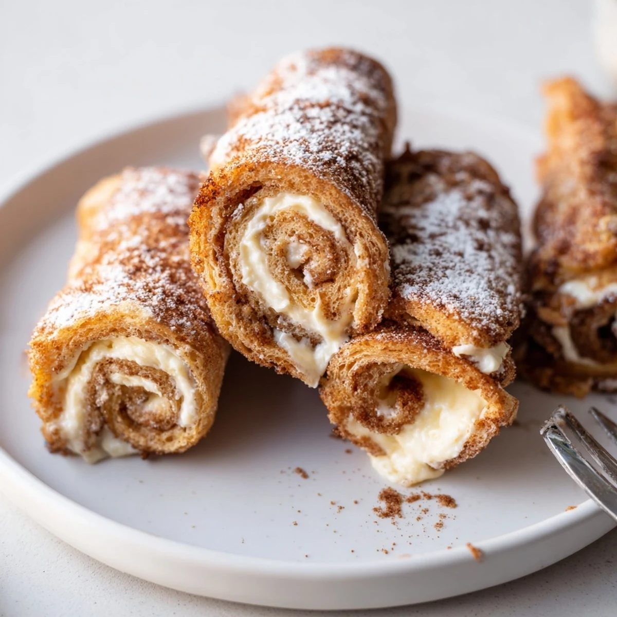 Warm Cinnamon Roll French Toast Roll Ups dusted with cinnamon sugar, steaming