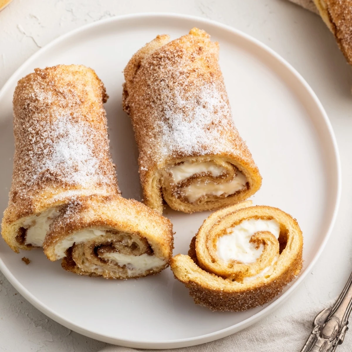 Golden brown Cinnamon Roll French Toast Roll Ups with cream cheese filling