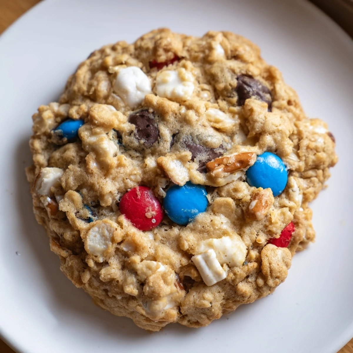 Fresh-baked Patriotic Monster Cookies Recipe on parchment, golden edges, soft centers