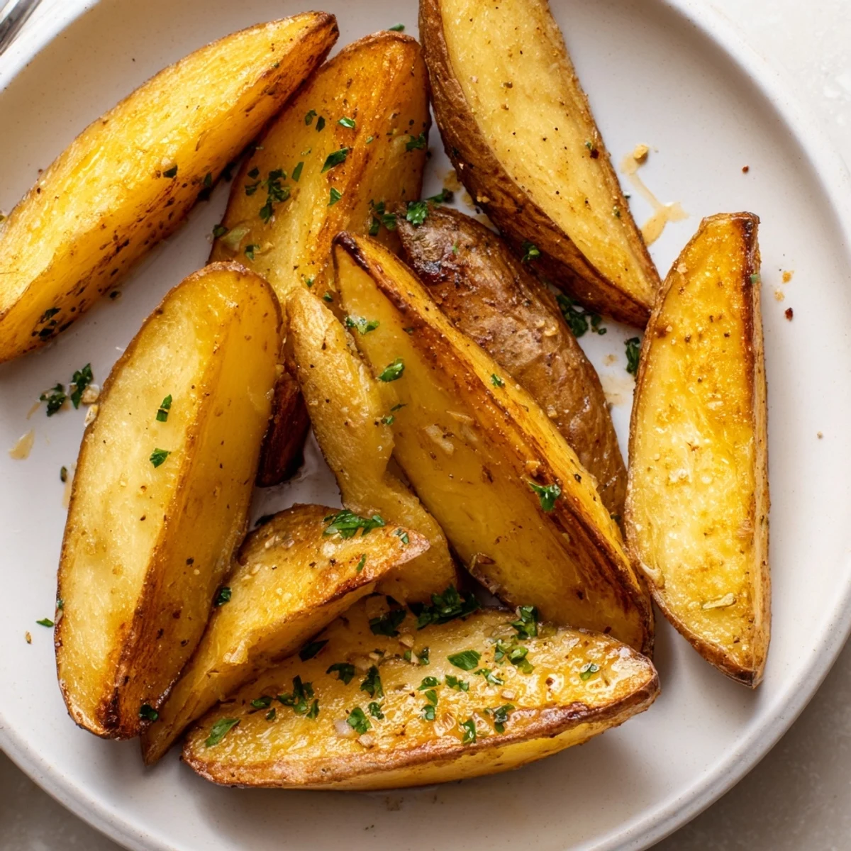 Golden, crispy Potato Wedges with flaky interior, baked and sprinkled with parsley