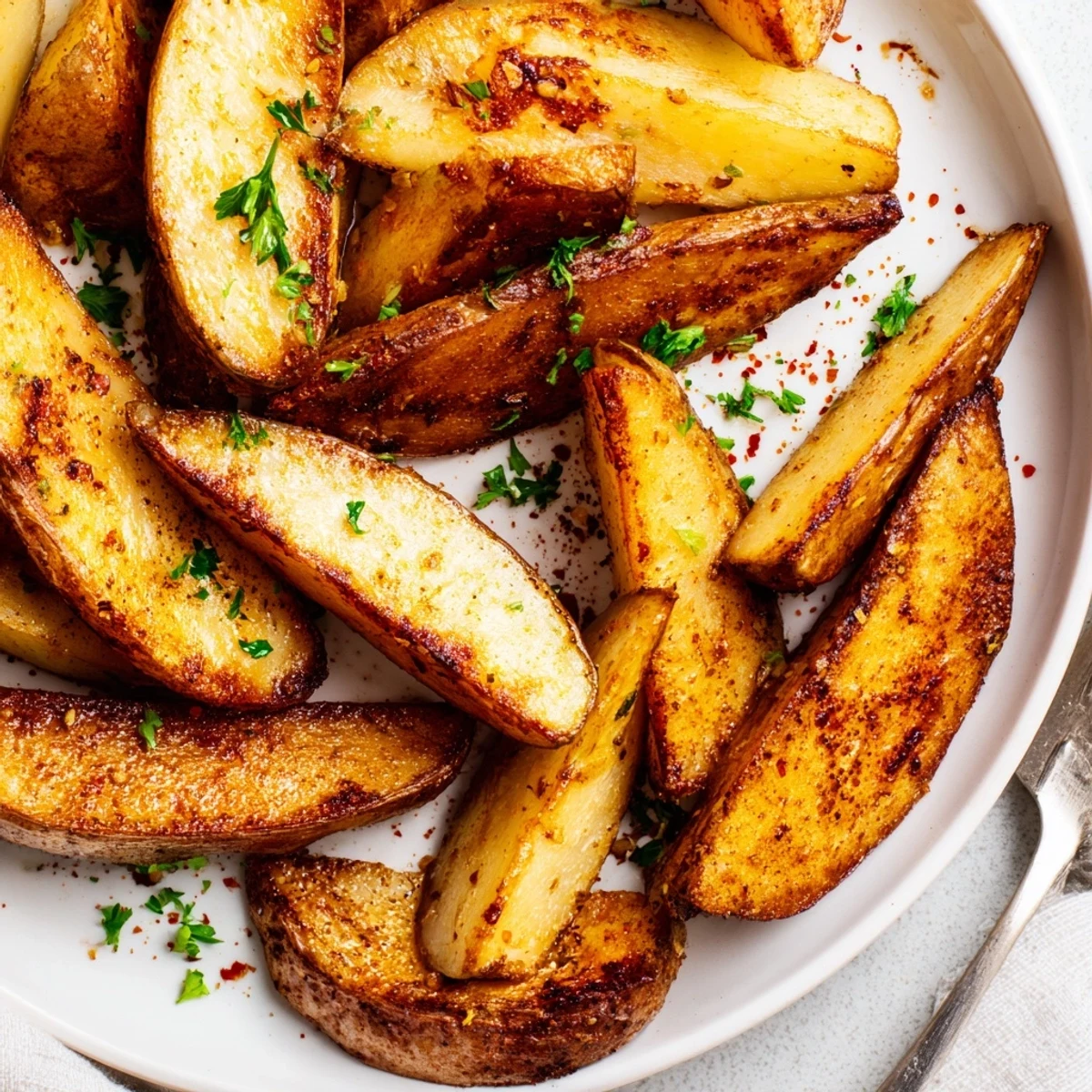 Skin-on russet Potato Wedges with bronzed edges and fluffy, steamy centers