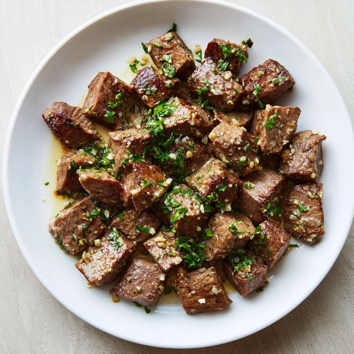 Juicy Garlic Butter Steak Bites garnished with parsley, served over creamy mashed potatoes