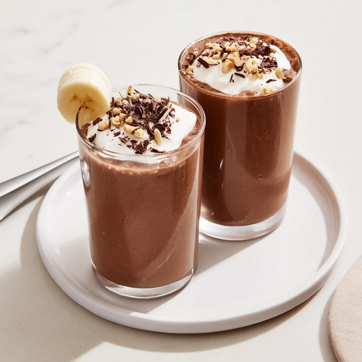 Chocolate Peanut Butter Smoothie poured into glass, creamy swirls and crushed peanuts.