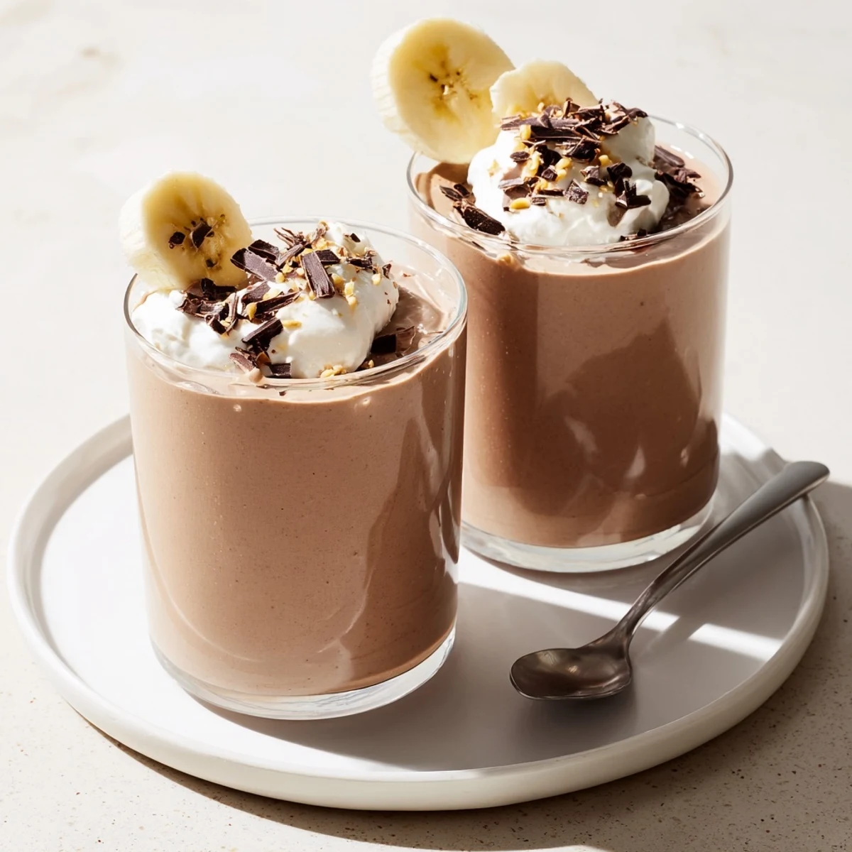 Thick Chocolate Peanut Butter Smoothie with whipped cream, chocolate shavings on top.