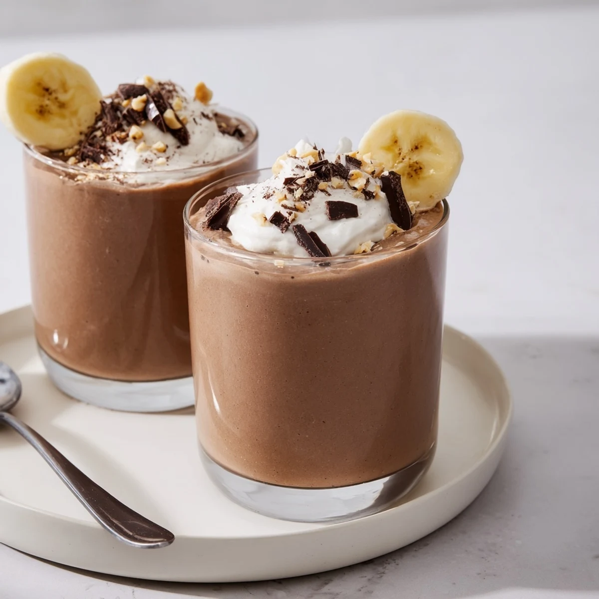 Two glasses of chilled Chocolate Peanut Butter Smoothie garnished with banana slices.