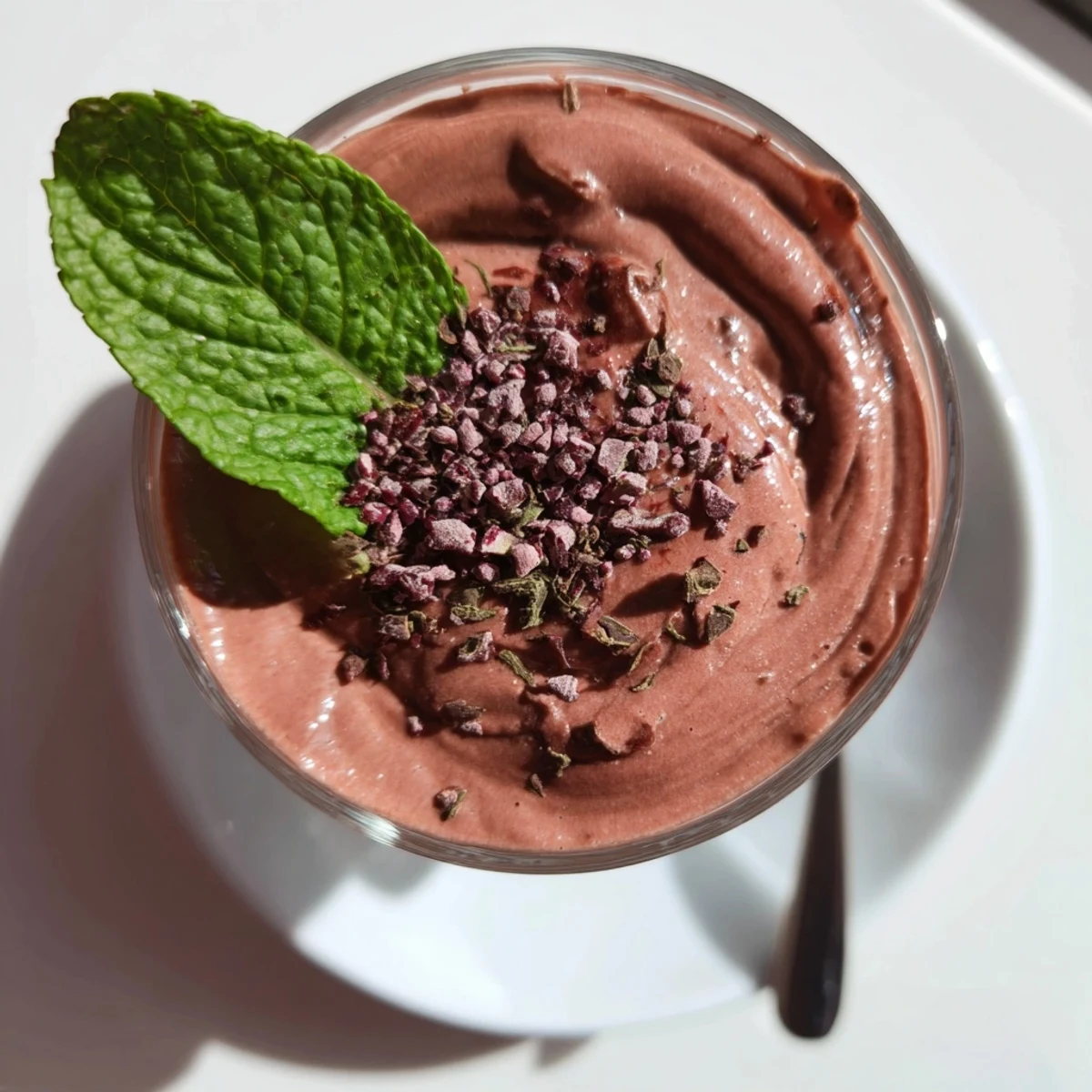 Creamy Chocolate Beet Smoothie poured into glasses, garnished with chocolate shavings