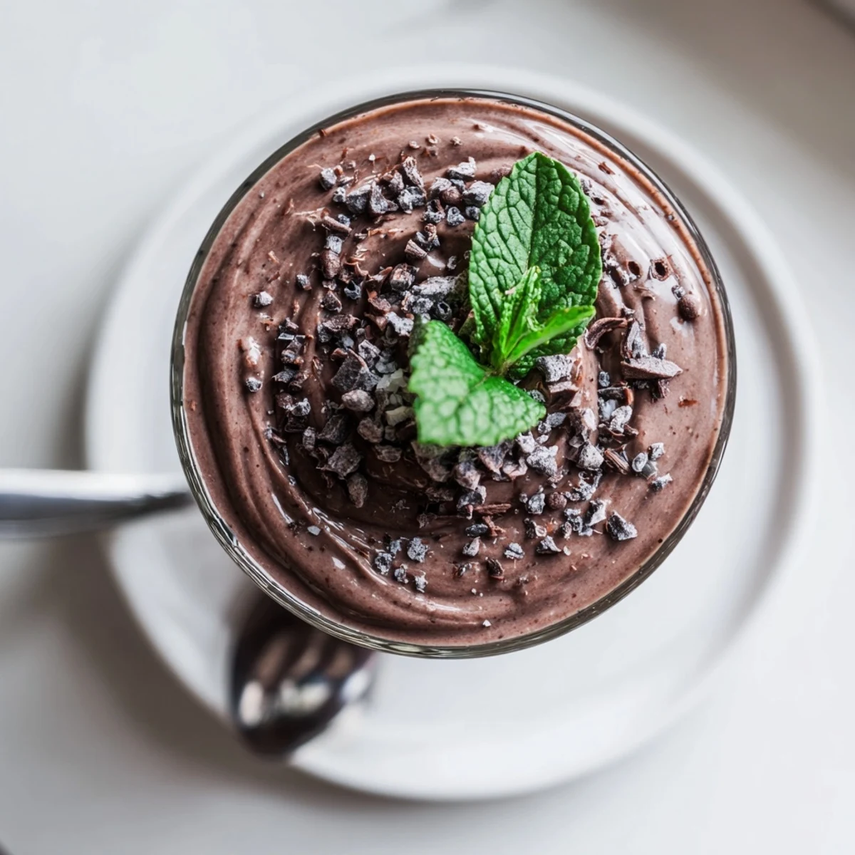 Velvety Chocolate Beet Smoothie with mint leaves and cacao nibs, ready to serve