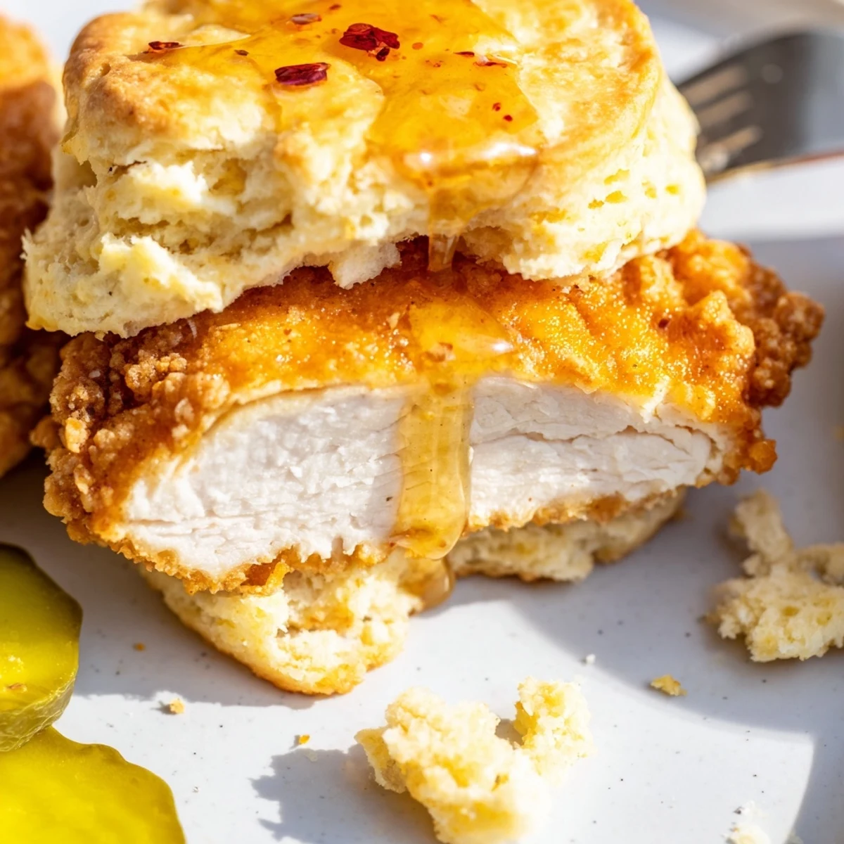Crispy Hot Honey Chicken Biscuits split open, flaky biscuit and spicy-sweet chicken