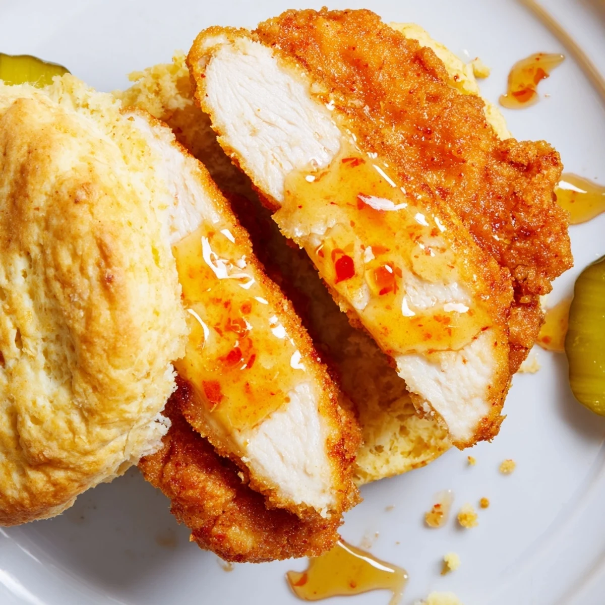 Hot Honey Chicken Biscuits on a wooden board, glossy honey drizzle melting