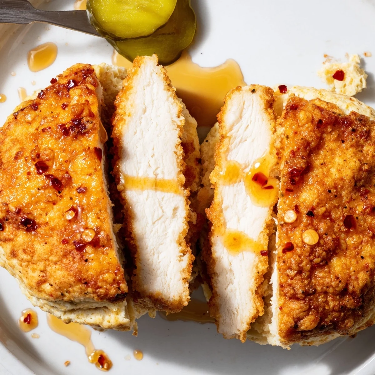 Southern-style Hot Honey Chicken Biscuits served warm with pickles and iced tea