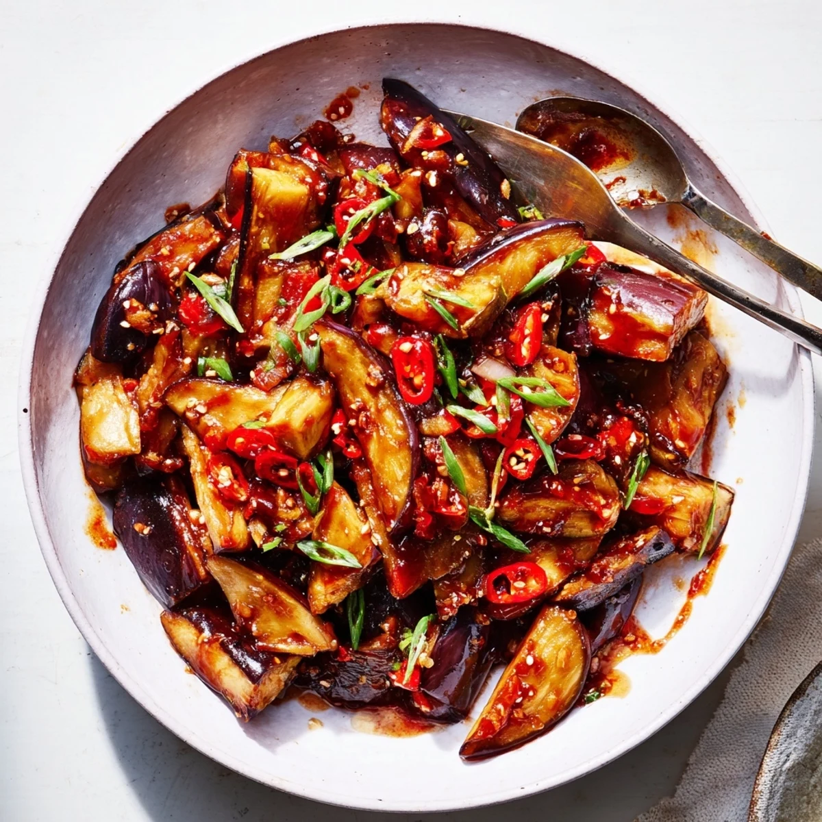 Sichuan Style Braised Aubergines glistening in spicy red sauce, scallions on top.